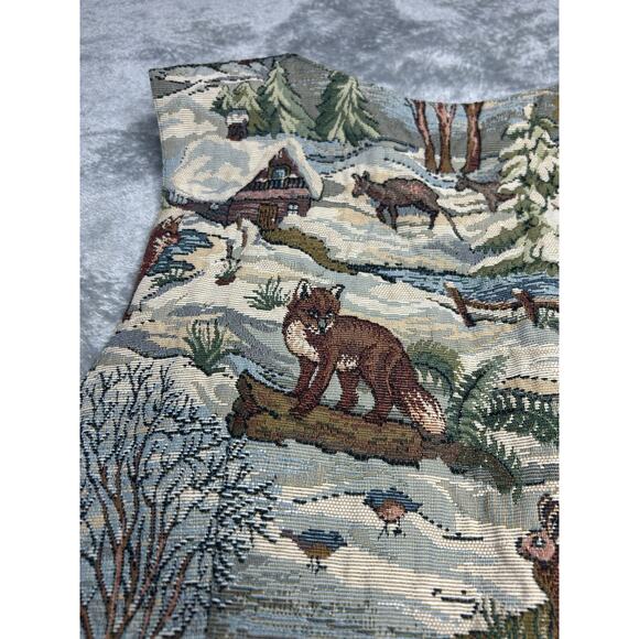 Vintage 90’s Tapestry Vest Fox Trees Snow Winter Birds Bunnies Cottagecore Large - Picture 9 of 9